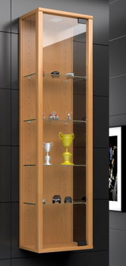 Hohe Wandvitrine mit hellem Holzrahmen und Glasfront, innen mehrere Glasböden mit Modellautos und Pokalen, in leichter Schrägansicht von vorne.