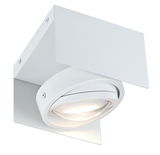 Weiße LED Aufbauleuchte in schräger Perspektive, modernes Design mit quadratischer Basis und rundem, schwenkbarem Leuchtkopf.