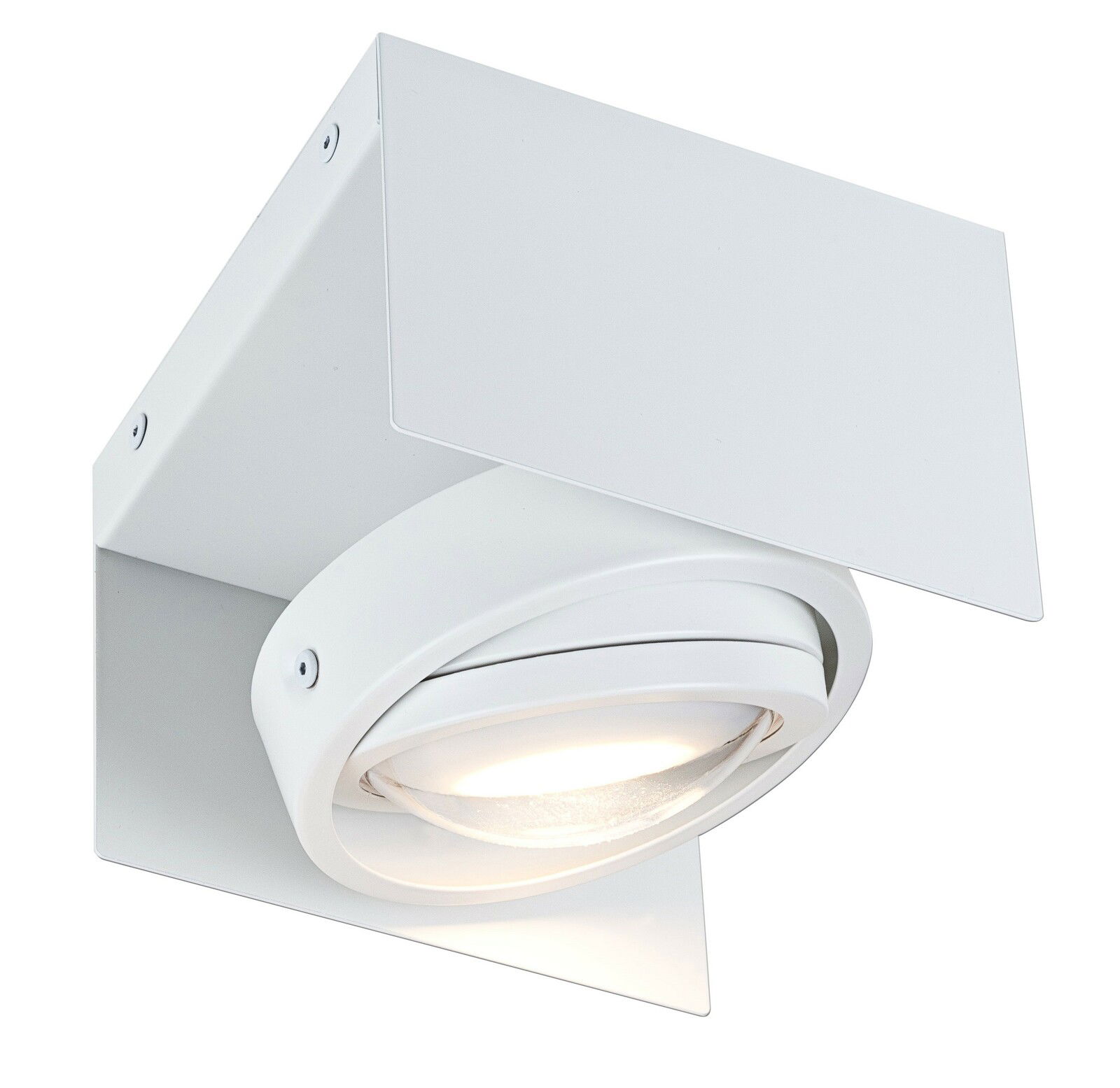 Megatron LED-Deckenleuchte CARDANO Weiße LED Aufbauleuchte in schräger Perspektive, modernes Design mit quadratischer Basis und rundem, schwenkbarem Leuchtkopf.