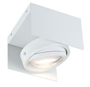 Weiße LED Aufbauleuchte in schräger Perspektive, modernes Design mit quadratischer Basis und rundem, schwenkbarem Leuchtkopf.