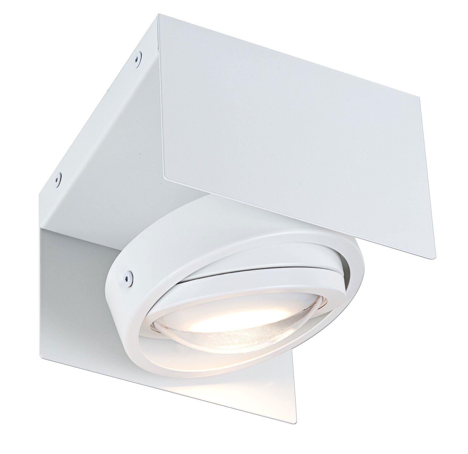 Weiße LED Aufbauleuchte in schräger Perspektive, modernes Design mit quadratischer Basis und rundem, schwenkbarem Leuchtkopf.