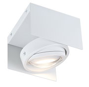 Weiße LED Aufbauleuchte in schräger Perspektive, modernes Design mit quadratischer Basis und rundem, schwenkbarem Leuchtkopf.