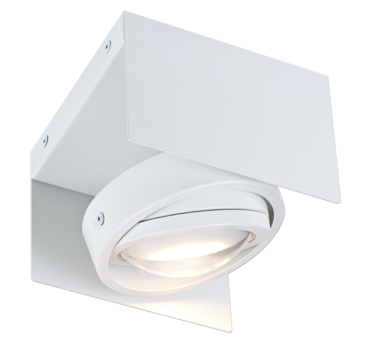 Weiße LED Aufbauleuchte in schräger Perspektive, modernes Design mit quadratischer Basis und rundem, schwenkbarem Leuchtkopf.