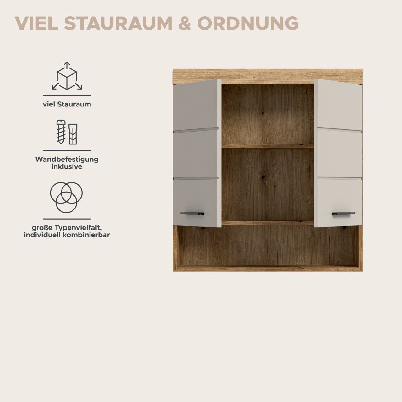 Offener Hängeschrank/Wandschrank in Holzoptik mit zwei weißen Türen und Einlegeboden, frontale Ansicht mit leicht geöffneten Türen; links Infografik „Viel Stauraum & Ordnung“.