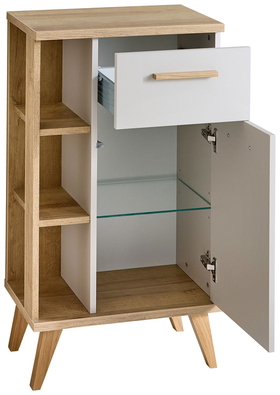 Moderner Unterschrank mit offenem Schrank und Schublade, aus Holz und weißem Material, seitliche Regale, Perspektive von vorne.