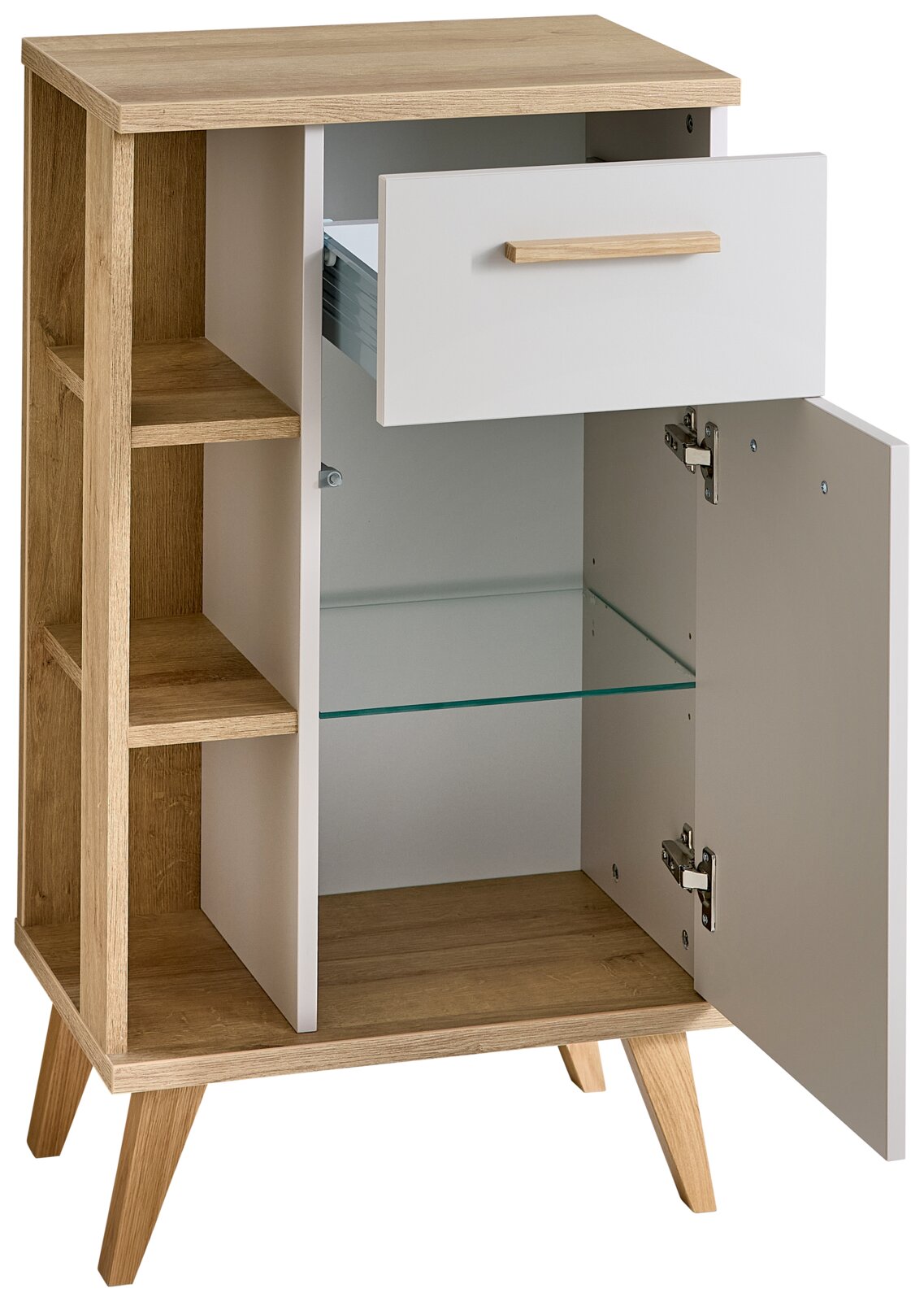 XORA Onderkast QS966 Moderne onderkast met open kastgedeelte en lade, gemaakt van hout en wit materiaal, met planken aan de zijkanten, gezien van voren.