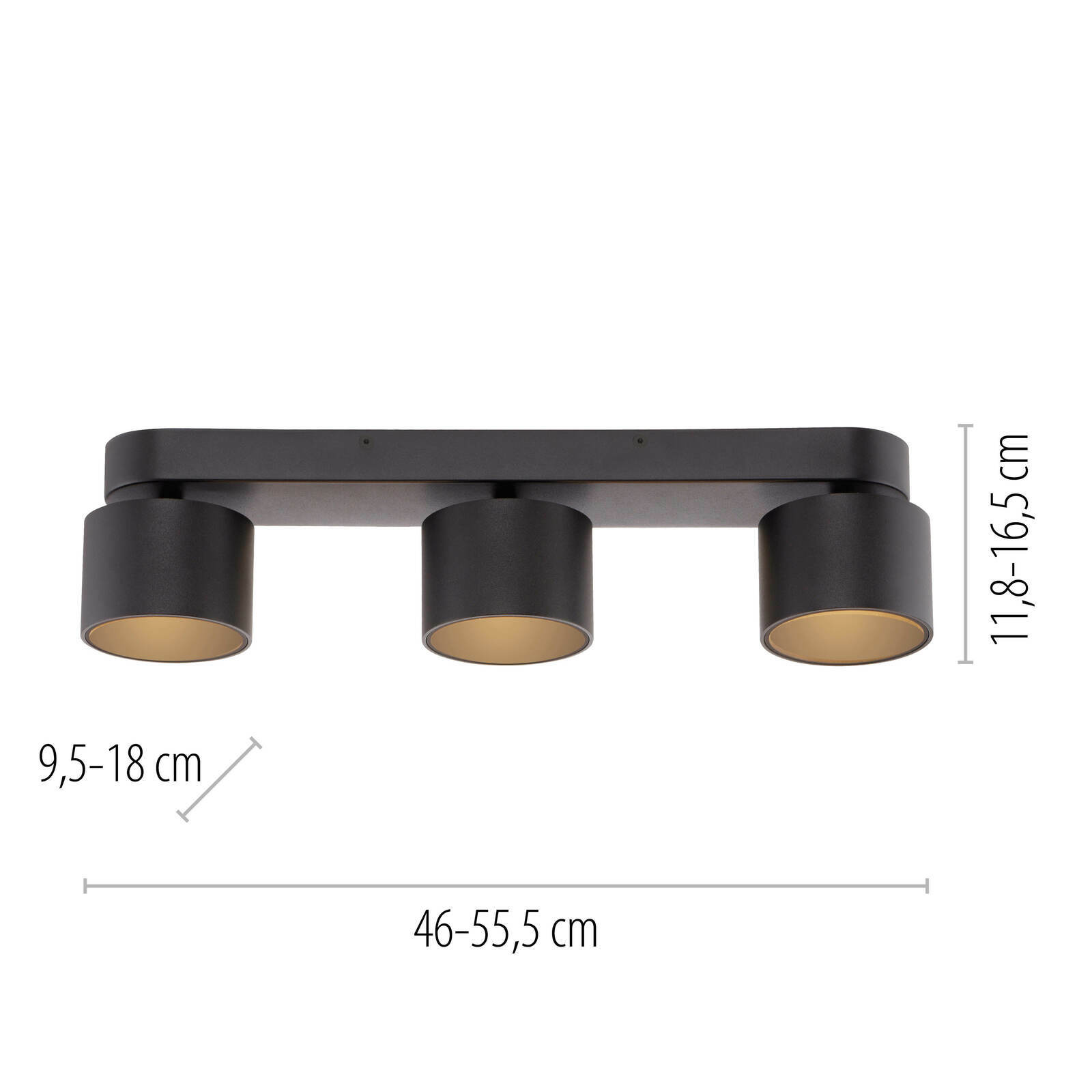 Dreifacher LED-Spot in schwarzem Design, seitliche Perspektive, mit verstellbaren Maßen von 46-55,5 cm in der Breite, 9,5-18 cm in der Tiefe und 11,8-16,5 cm in der Höhe.