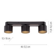 Dreifacher LED-Spot in schwarzem Design, seitliche Perspektive, mit verstellbaren Maßen von 46-55,5 cm in der Breite, 9,5-18 cm in der Tiefe und 11,8-16,5 cm in der Höhe.