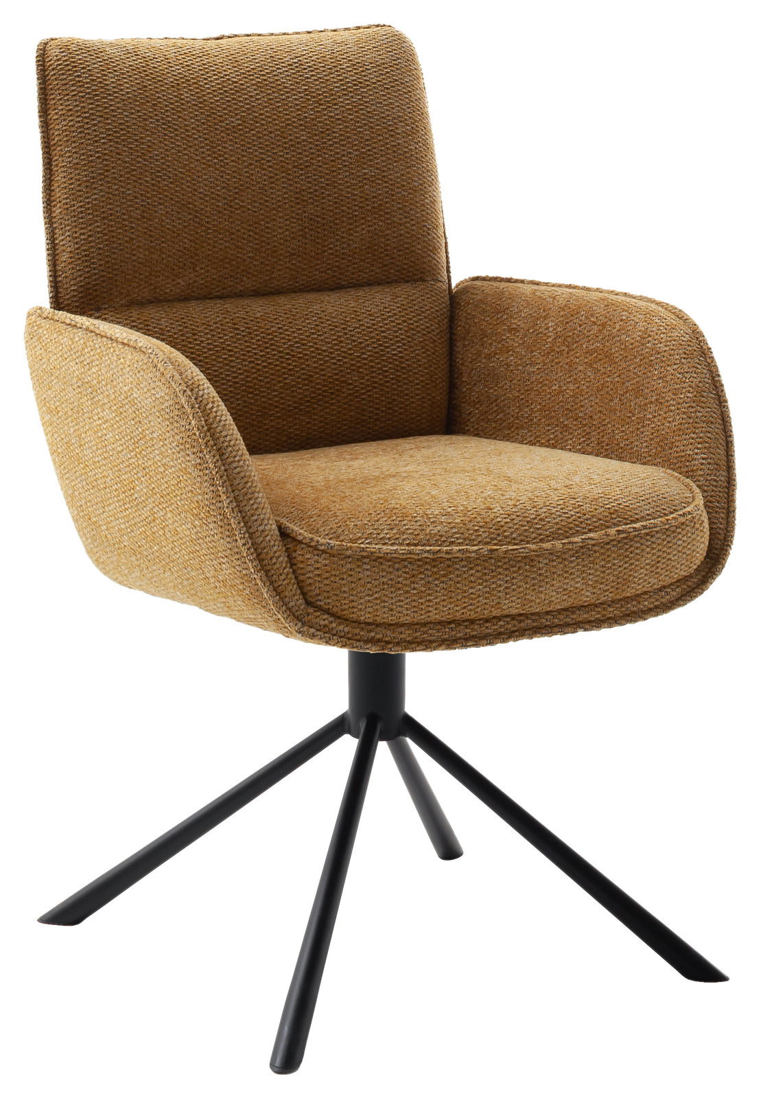 Brauner Armlehnstuhl mit Stoffbezug und schwarzem Metallgestell, seitliche Perspektive