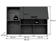 Dunkelgraues Sideboard/TV-Lowboard mit Schiebetür und offenen Fächern, Frontansicht; Maße ca. 95 cm breit, 64 cm hoch, 34 cm tief, Fachhöhen u. a. 29/31/38/21 cm, je Fach bis 5 kg belastbar.