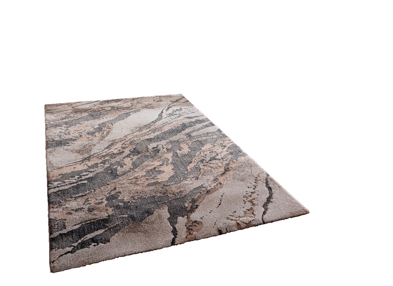 Merinos Webteppich MARVELLOUS Moderner Webteppich mit abstraktem Muster in Erdtönen, perspektivisch von der Seite fotografiert.
