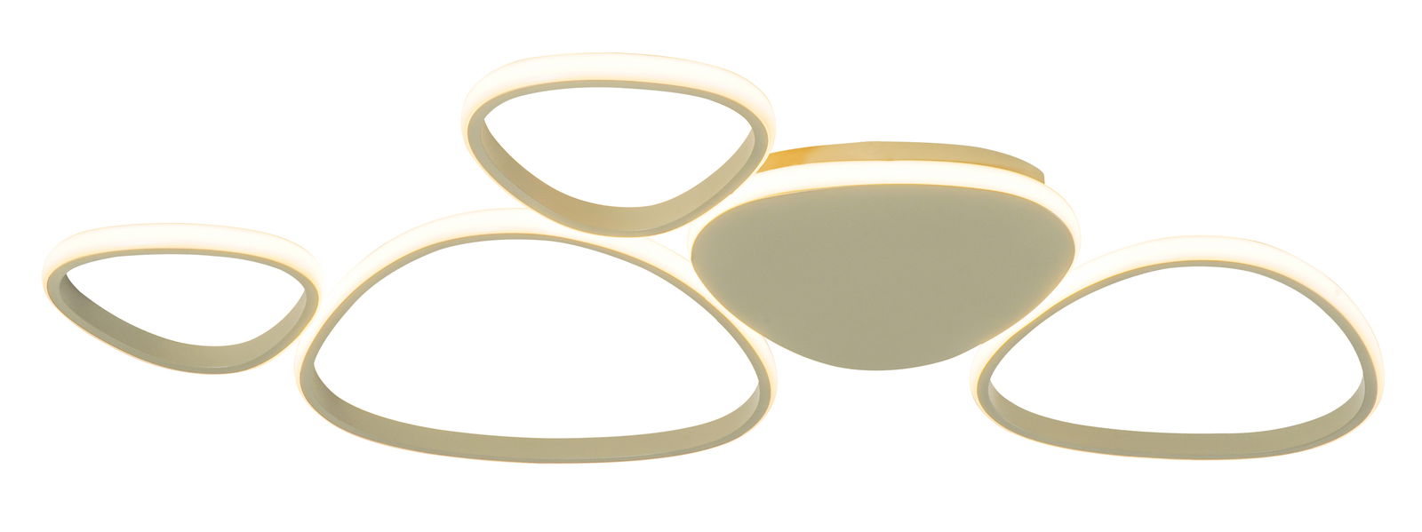 Moderne LED-Deckenleuchte mit fünf organisch geformten Leuchtelementen, Ansicht von unten.