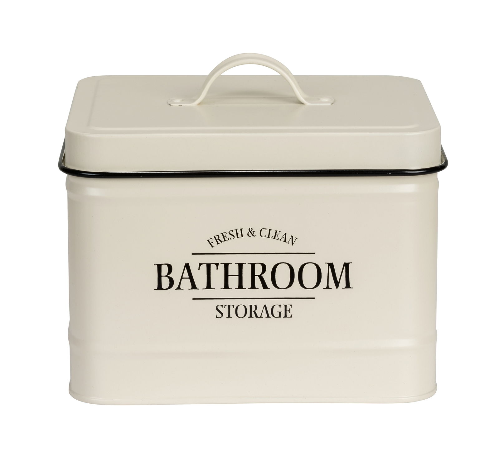 Beige Badbox mit Deckel und Griff, Aufschrift 'Fresh & Clean Bathroom Storage', frontale Ansicht