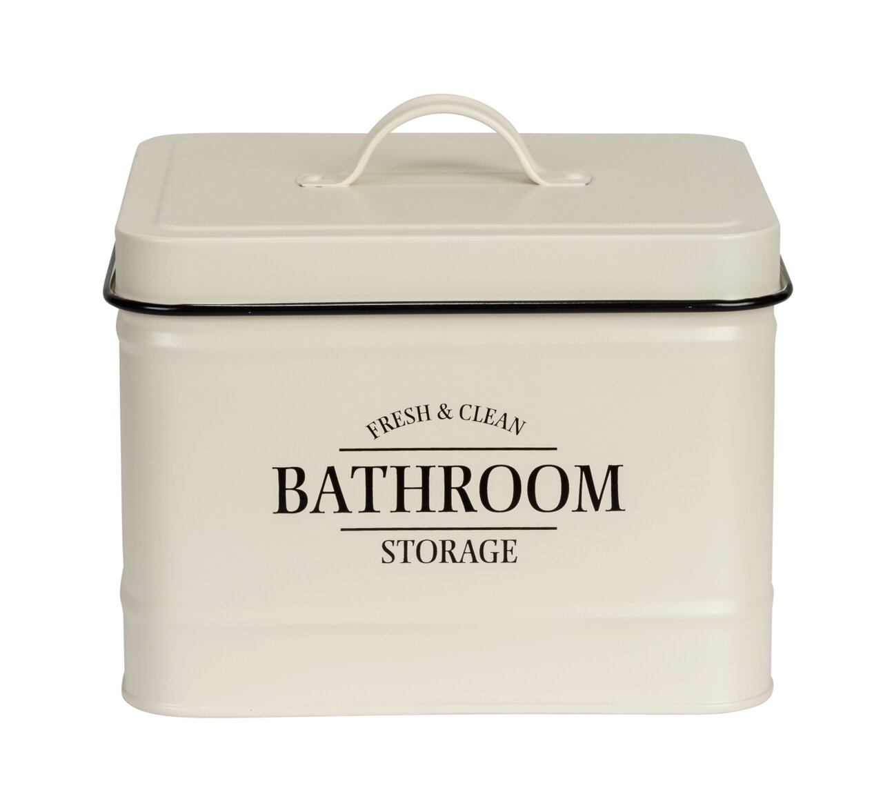 Beige Badbox mit Deckel und Griff, Aufschrift 'Fresh & Clean Bathroom Storage', frontale Ansicht