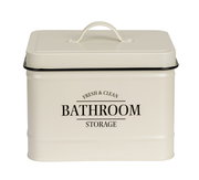 Beige Badbox mit Deckel und Griff, Aufschrift 'Fresh & Clean Bathroom Storage', frontale Ansicht