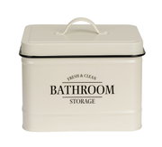 Beige Badbox mit Deckel und Griff, Aufschrift 'Fresh & Clean Bathroom Storage', frontale Ansicht