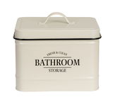 Beige Badbox mit Deckel und Griff, Aufschrift 'Fresh & Clean Bathroom Storage', frontale Ansicht