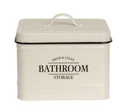 Beige Badbox mit Deckel und Griff, Aufschrift 'Fresh & Clean Bathroom Storage', frontale Ansicht