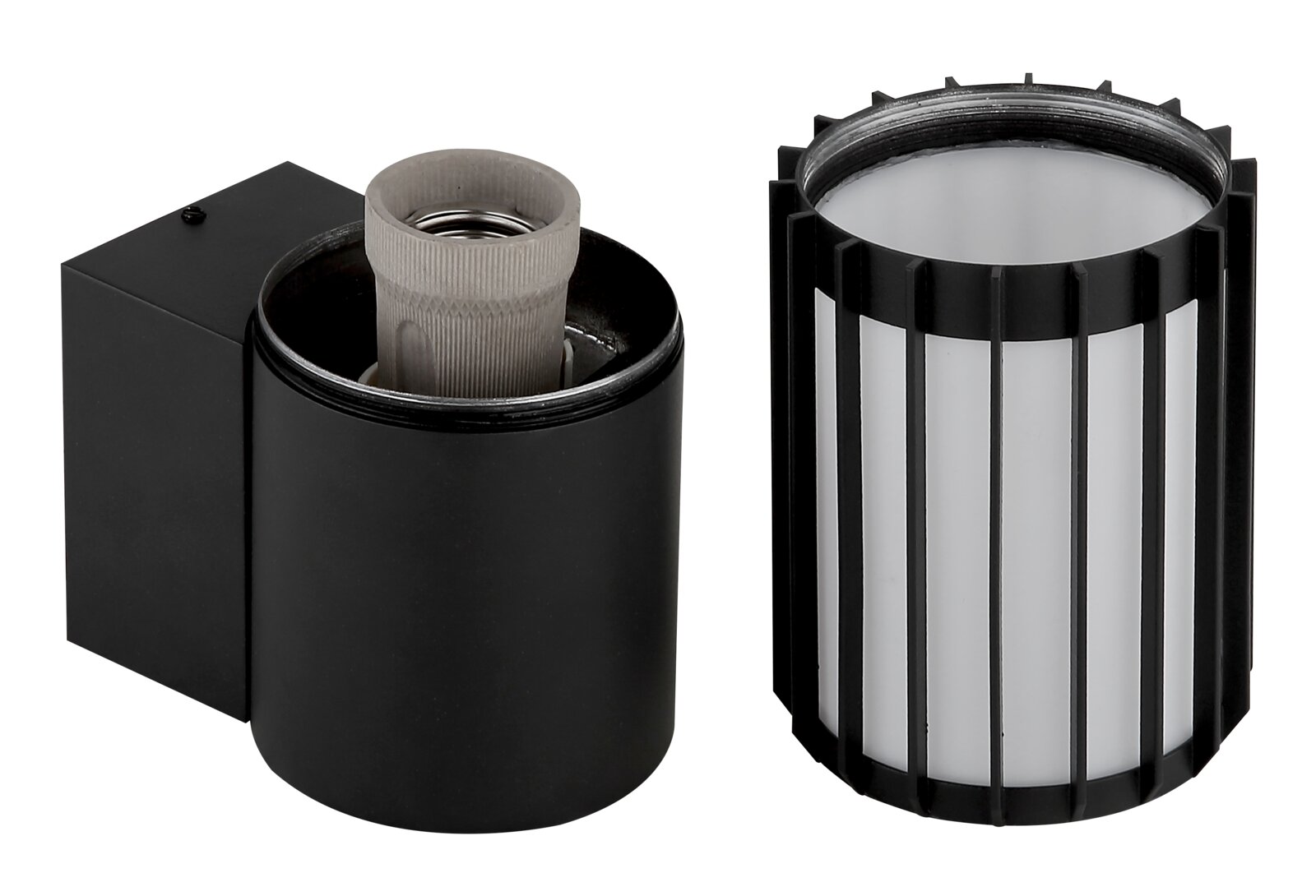 Zwarte cilindrische wandlamp voor buiten met E27-fitting en verwijderbaar diffusorinzetstuk, productfoto licht van bovenaf en van voren tegen een witte achtergrond