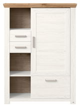 Weißes Highboard mit Holzakzenten, zwei Schubladen und einer Tür, Frontalansicht