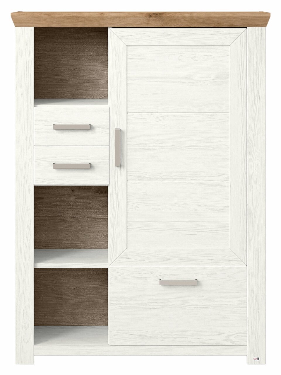 Weißes Highboard mit Holzakzenten, zwei Schubladen und einer Tür, Frontalansicht