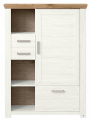 Weißes Highboard mit Holzakzenten, zwei Schubladen und einer Tür, Frontalansicht