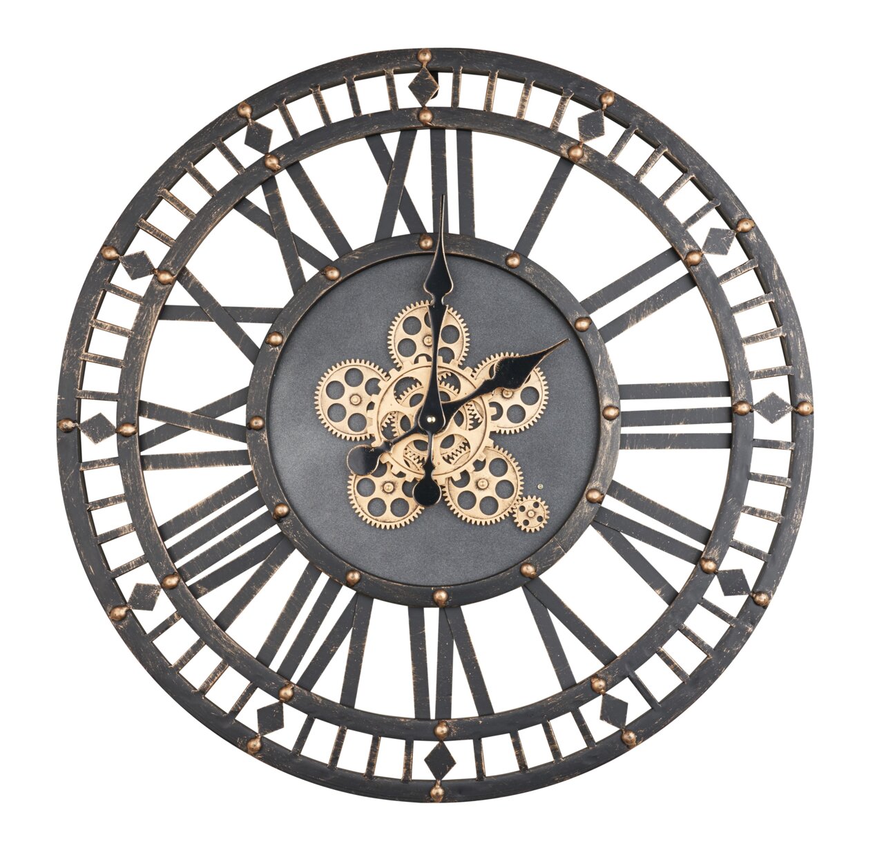 BHP Wanduhr Große Wanduhr im industriellen Stil mit römischen Ziffern und sichtbaren Zahnrädern, Frontalansicht.