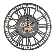 Große Wanduhr im industriellen Stil mit römischen Ziffern und sichtbaren Zahnrädern, Frontalansicht.