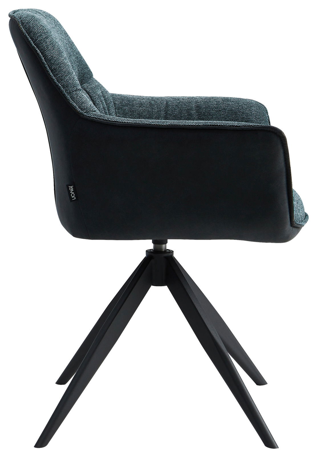 Moderner Sessel in Seitenansicht mit schwarzem Gestell und gepolsterter Rückenlehne in Blau.