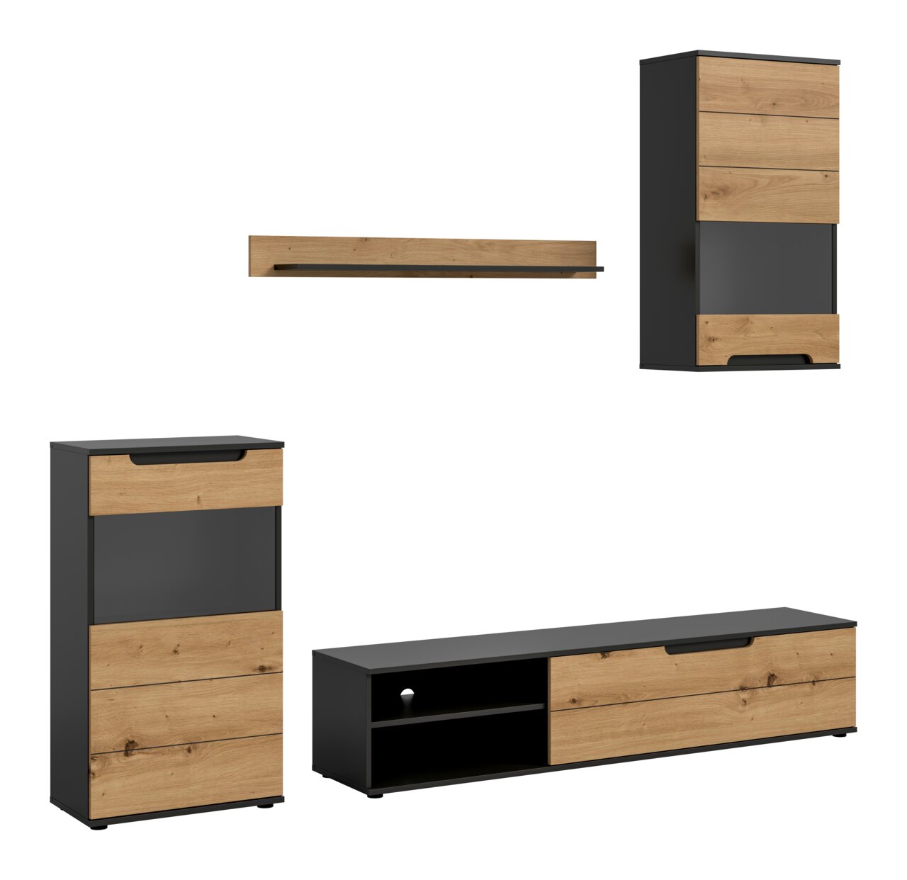Modernes Wohnwand-Set in Schwarz und Eiche-Optik mit Lowboard, Hängeregal und zwei Schränken, freigestellt auf weißem Hintergrund, Ansicht in leichter Perspektive von vorn.