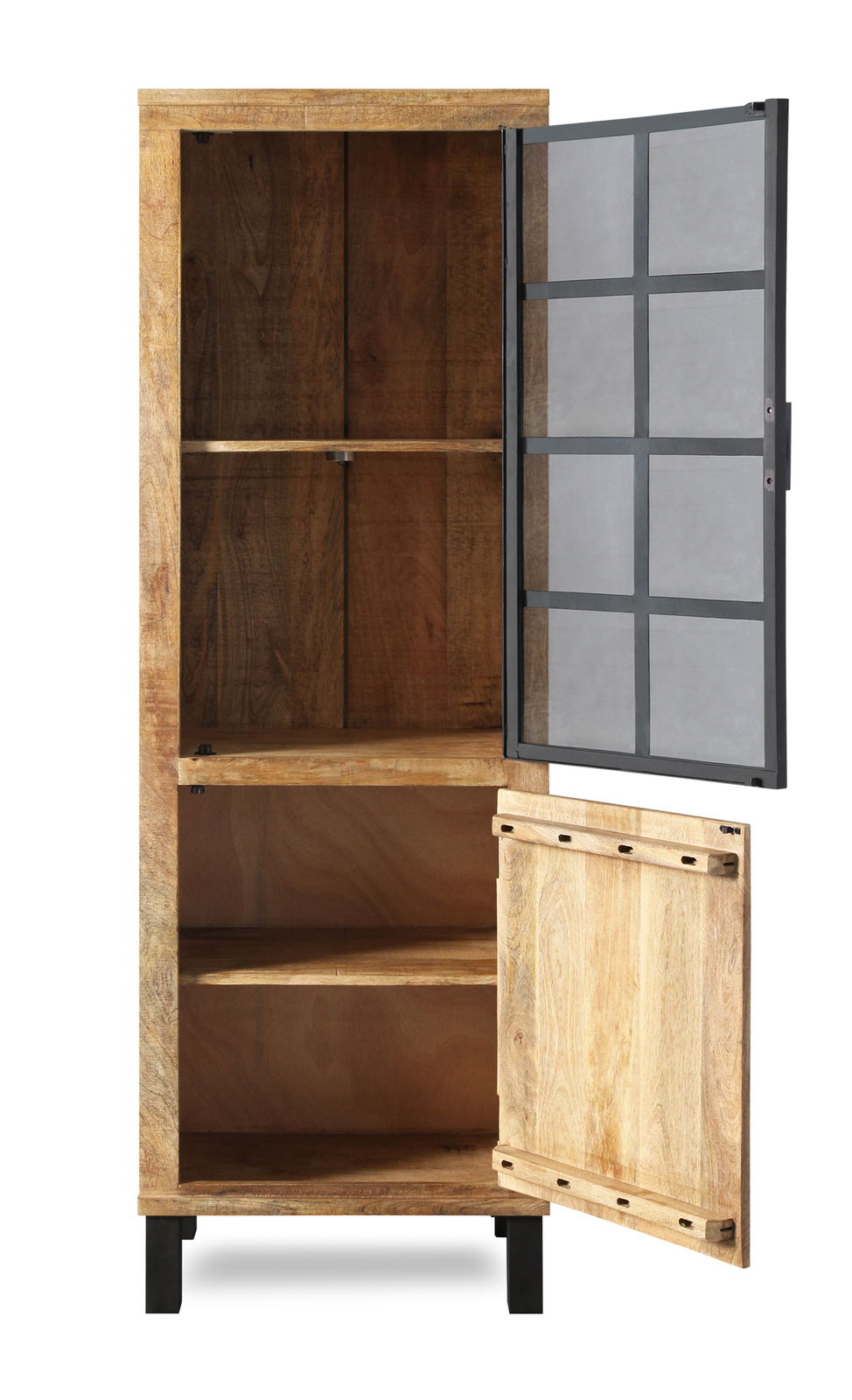 Holzvitrine mit geöffneter Glastür, frontal betrachtet