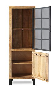 Holzvitrine mit geöffneter Glastür, frontal betrachtet