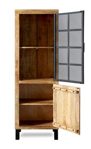 Holzvitrine mit geöffneter Glastür, frontal betrachtet