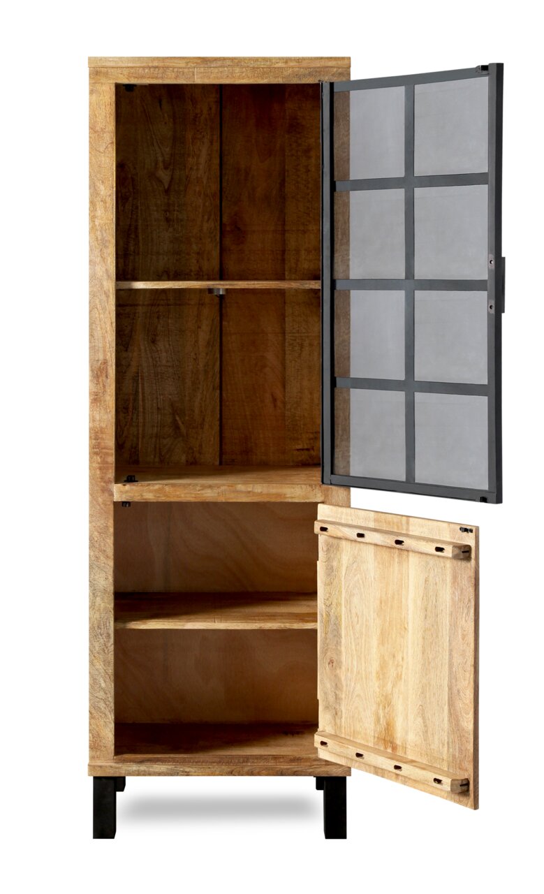 Holzvitrine mit geöffneter Glastür, frontal betrachtet