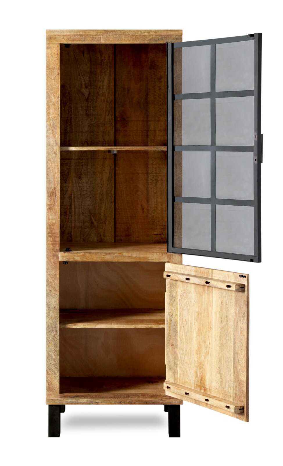Holzvitrine mit geöffneter Glastür, frontal betrachtet