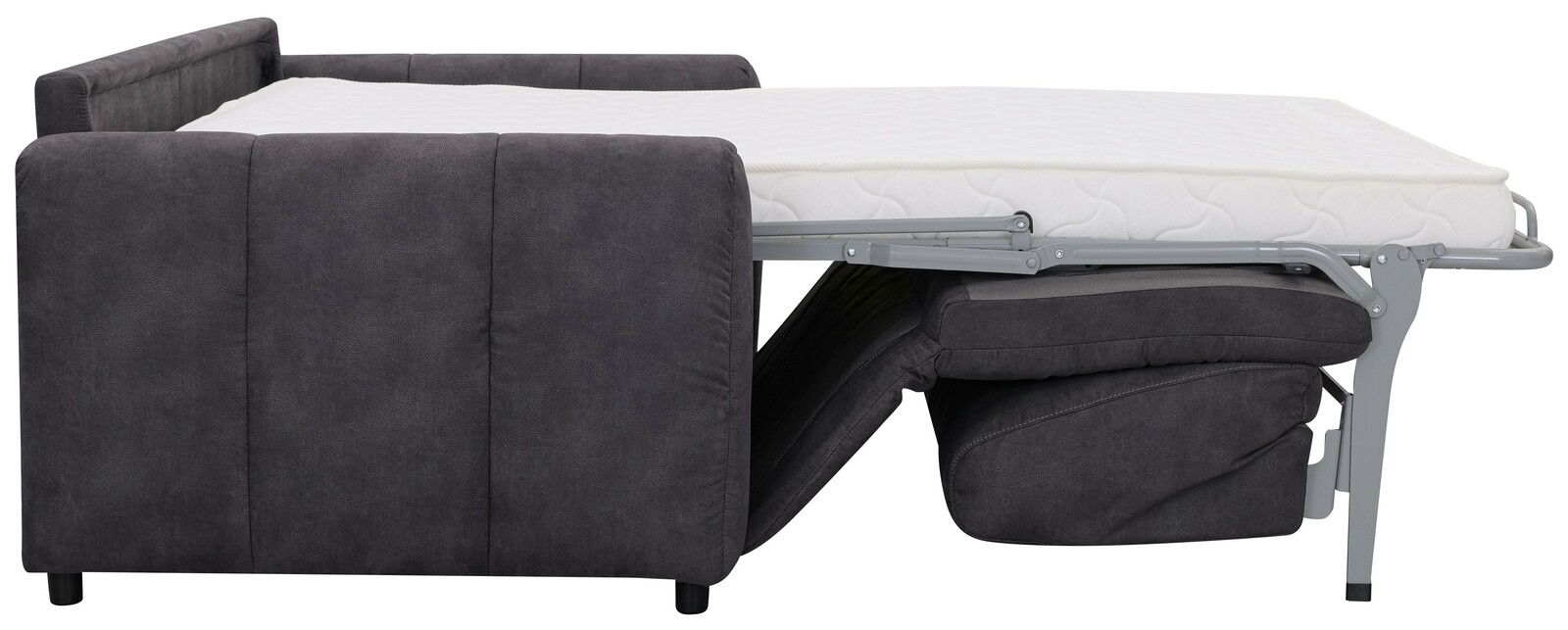 Seitenansicht eines ausgeklappten Funktionssofas Z2 Schlafsofa HELENA mit grauem Stoffbezug und weißer Matratze.