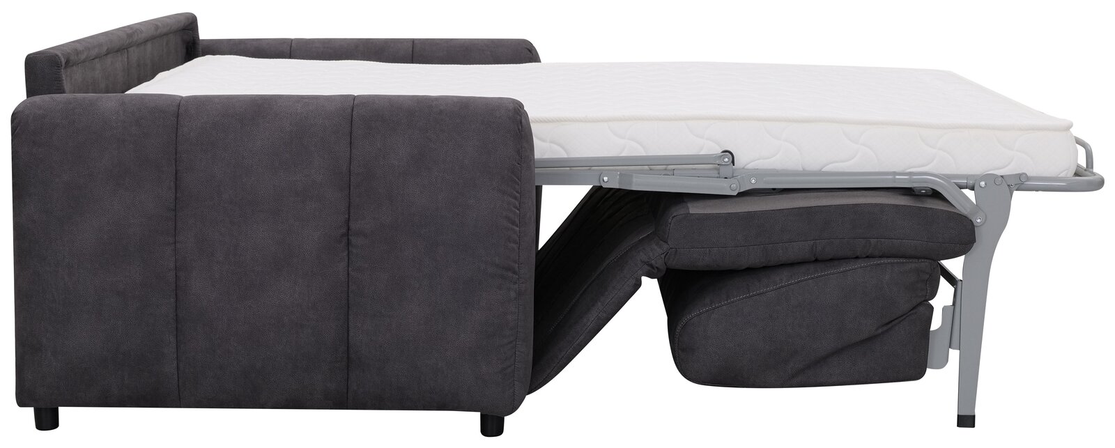 Seitenansicht eines ausgeklappten Funktionssofas Z2 Schlafsofa HELENA mit grauem Stoffbezug und weißer Matratze.