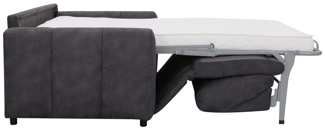 Seitenansicht eines ausgeklappten Funktionssofas Z2 Schlafsofa HELENA mit grauem Stoffbezug und weißer Matratze.