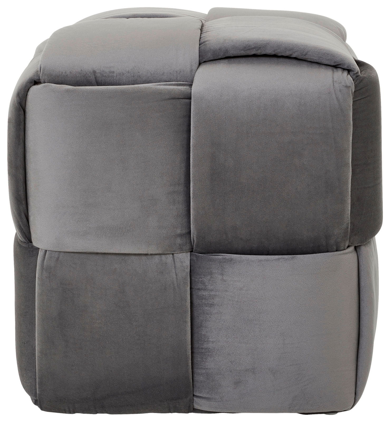 Grauer, gepolsterter Hocker in Würfelform, seitliche Perspektive