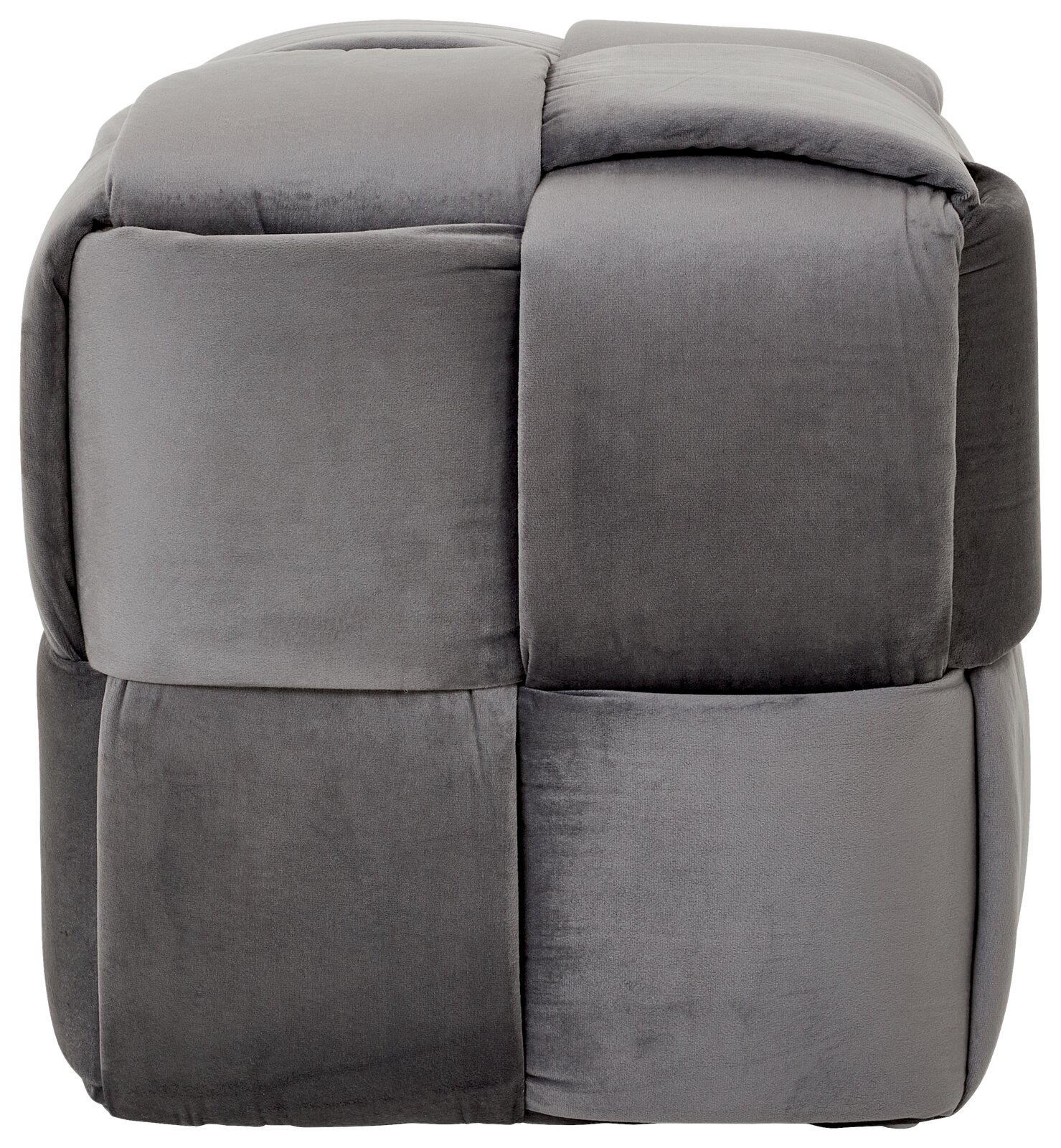 Grauer, gepolsterter Hocker in Würfelform, seitliche Perspektive