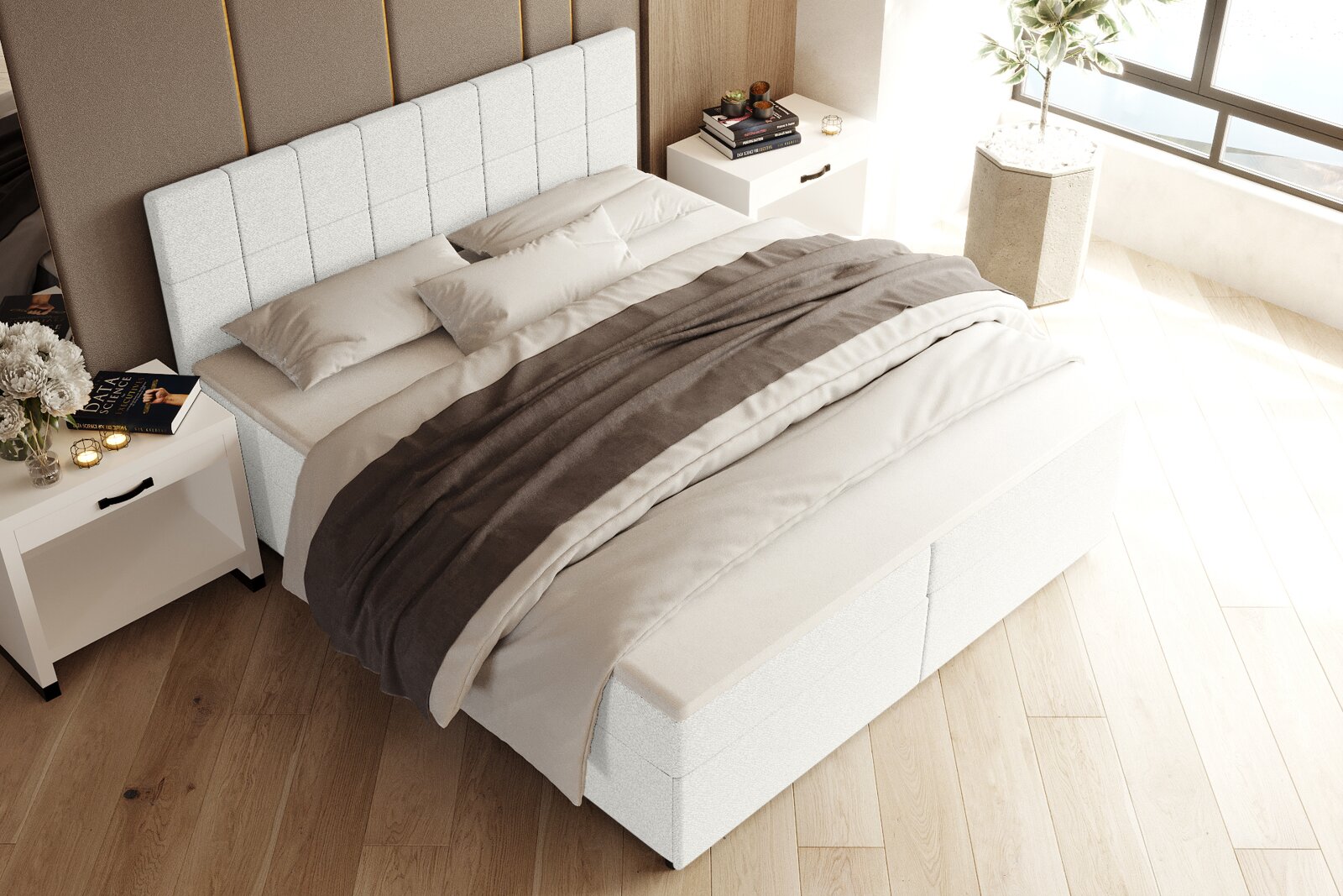 Modern wit gestoffeerd bed met een gestoffeerd hoofdeinde met ruitjespatroon en beige beddengoed in de slaapkamer, perspectief: schuin van bovenaf vanuit de hoek