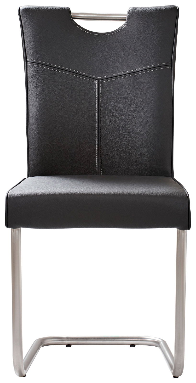 Moderner Freischwinger-Stuhl mit schwarzem Kunstlederbezug und Edelstahlgestell, Frontalansicht