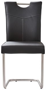 Moderner Freischwinger-Stuhl mit schwarzem Kunstlederbezug und Edelstahlgestell, Frontalansicht