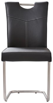 Moderner Freischwinger-Stuhl mit schwarzem Kunstlederbezug und Edelstahlgestell, Frontalansicht