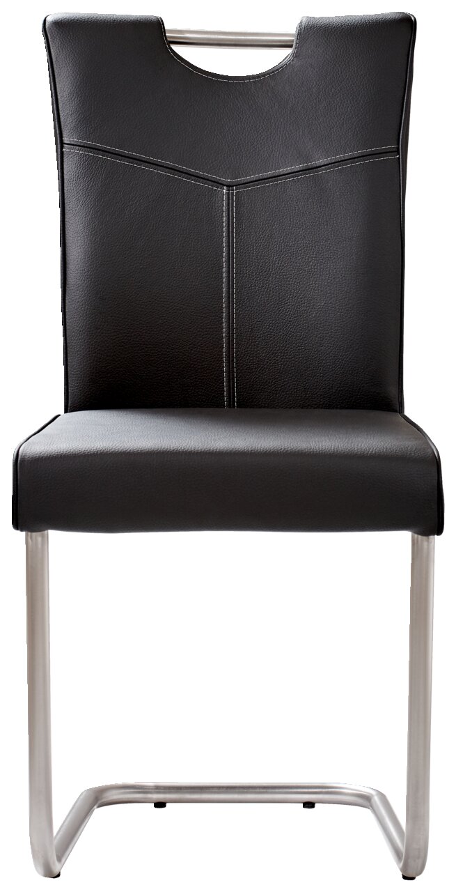 Moderner Freischwinger-Stuhl mit schwarzem Kunstlederbezug und Edelstahlgestell, Frontalansicht