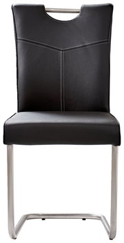 Moderner Freischwinger-Stuhl mit schwarzem Kunstlederbezug und Edelstahlgestell, Frontalansicht