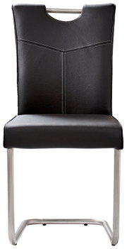 Moderner Freischwinger-Stuhl mit schwarzem Kunstlederbezug und Edelstahlgestell, Frontalansicht