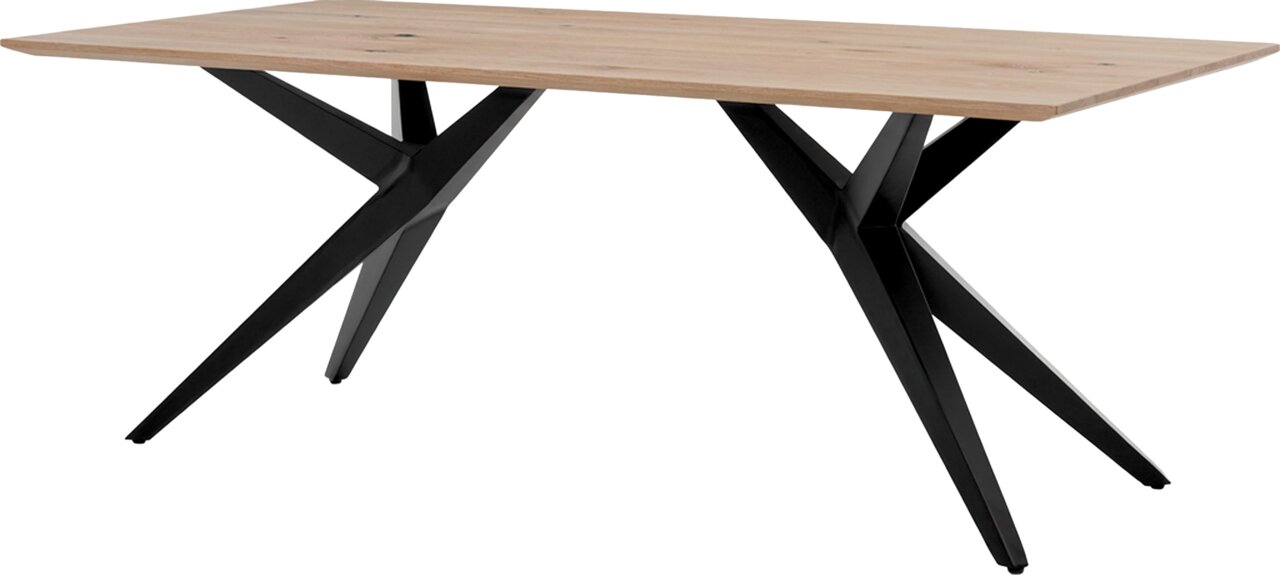 Moderner Esstisch mit Holzplatte und schwarzen Metallbeinen, seitliche Perspektive
