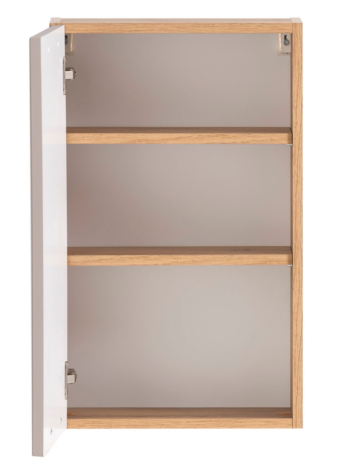 Offener Hängeschrank mit zwei Regalböden, Holzrahmen und weißer Tür, Frontalansicht