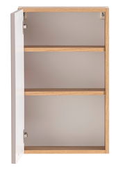 Offener Hängeschrank mit zwei Regalböden, Holzrahmen und weißer Tür, Frontalansicht